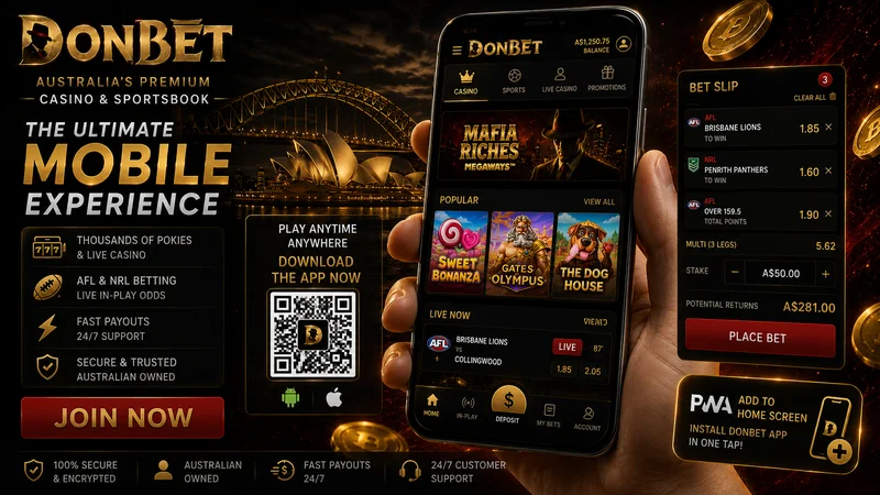DonBet Australia mobile site running full screen on a smartphone showing the pokies lobby and AUD balance