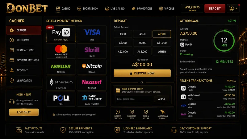 DonBet Australia cashier screen showing PayID deposit and withdrawal options in Australian dollars
