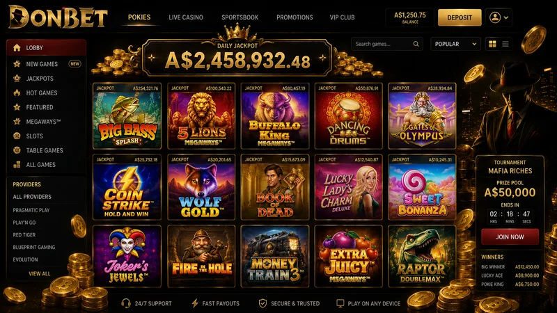 DonBet pokies lobby showing Megaways and jackpot game tiles for Australian players