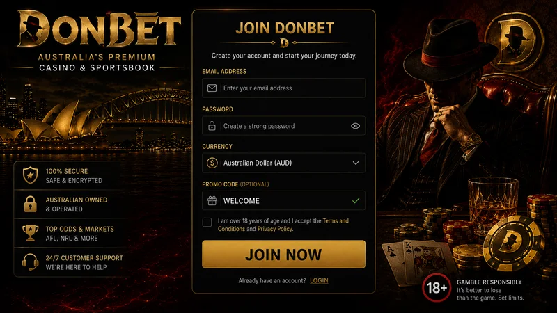 DonBet registration form showing email, password and AUD currency selection for Australian players