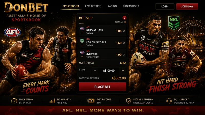 DonBet sportsbook betting slip showing AFL and NRL head-to-head and line markets in Australian dollars