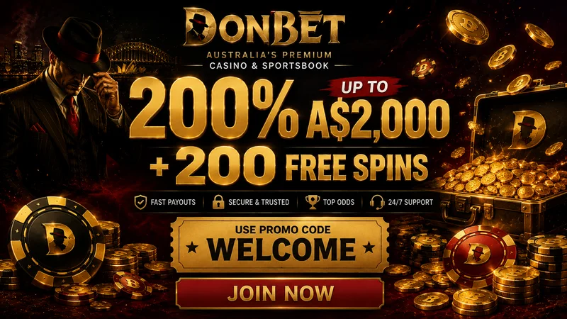DonBet Australia welcome bonus screen showing the 200% match up to A$2,000 and 200 free spins with promo code WELCOME